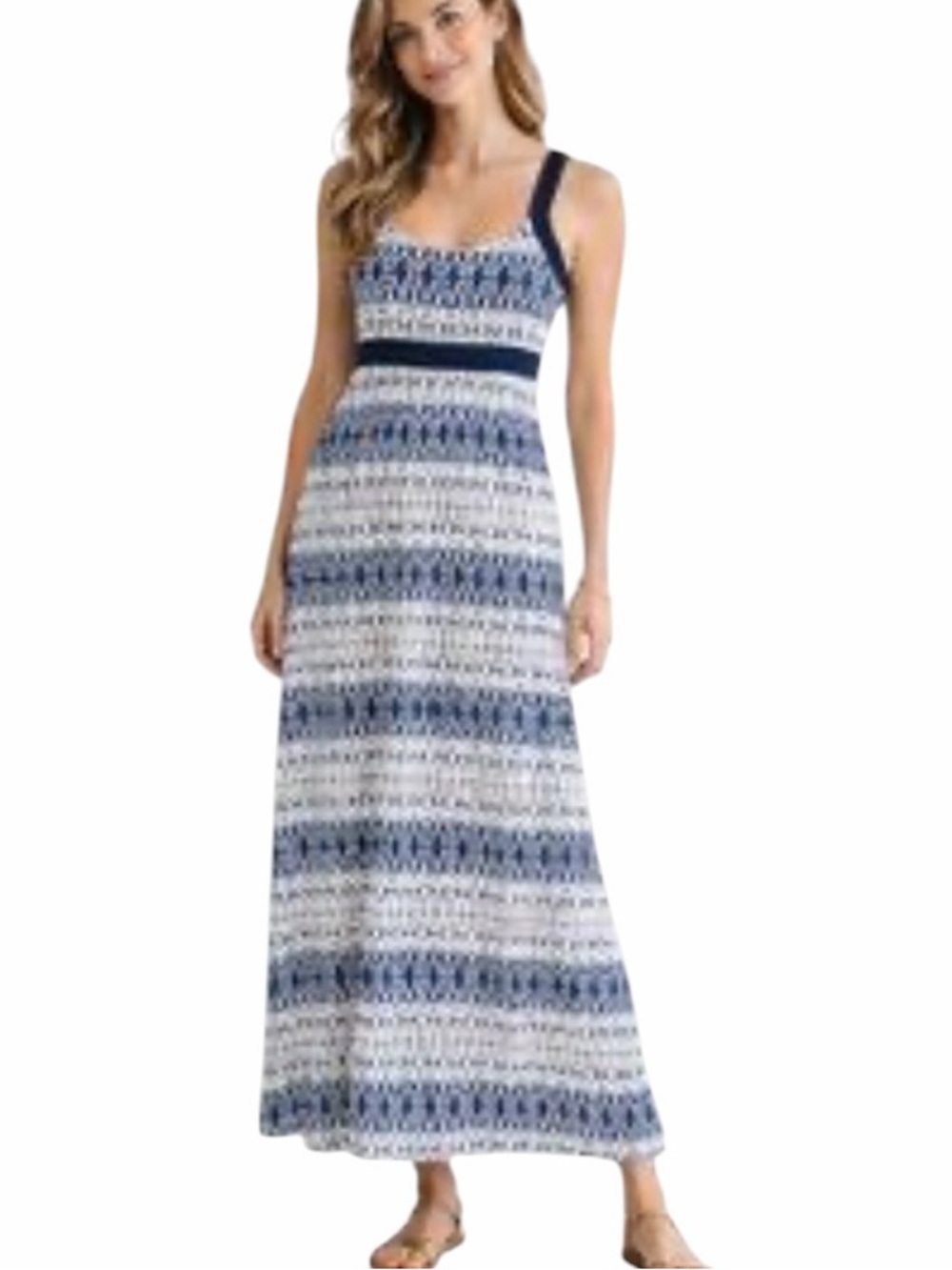Eddie Bauer Blue White Maxi Dress Sleeveless Stretch Casual Summer Medium